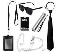 XECCUS Lot de 7 accessoires de déguisement pour homme, noir, accessoire de costume Alien/Security/agent secret, espion/FBI avec lunettes de soleil noires, cravate, casque, carte d'identité, lampe de