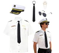 XEERUN Chemise de capitaine, costume de capitaine, costume de marin avec chapeau marine, chapeau de capitaine, lunettes, sifflet et insigne, Ensemble d'accessoires pour carnaval, fête à thème