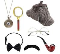 XEERUN Lot de 7 accessoires de costume de détective Sherlock Holmes, accessoires de costume de Sherlock Holmes, pour cosplay, carnaval, cosplay, mascarade, événement