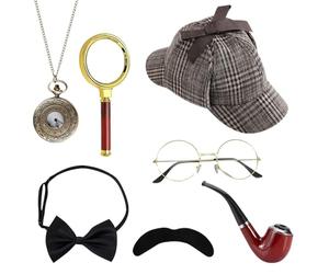 XEERUN Lot de 7 accessoires de costume de détective Sherlock Holmes, accessoires de costume de Sherlock Holmes, accessoires de déguisement pour carnaval, mascarade, personnes à partir de 16 ans
