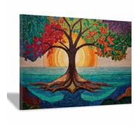 XENIOU Arbre De Vie Art de coucher de soleil en mosaïque tableaux, posters et arts décoratifs, Pour la maison, le bureau, la chambre(Multicolore)-20x30cm Encadrée