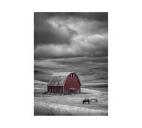 XENIOU Photo Noir Et Blanc Maisons de prairie et chevaux tableau toile decoration murale, Pour salle de bain, salon, chambre, bureau, cuisine.(noir et blanc)-20x30cm Sans cadre