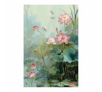 XENIOU Plante Fleur Tableau, poster mural Lotus Libellules Étang Art Floral Peinture Murale Romantique, Décoration Tableaux Pour Chambre à Coucher Salle(vert)-80x120cm Sans cadre