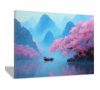 XENIOU Poster Mural Nature Photo de fleurs de cerisier rose dans le lac et les montagnes toile murale decoration, affiche, Salon Chambre Maison Décorations(Multicolore)-70x100cm Encadrée