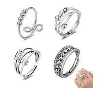 XENQITO 4 Pcs Anneaux De DéCompression, Bague Anti Stress Femme Argent, Anneaux Anti-Stress Ajustables Rotative, Bagues éToile-Lune-Soleil Tournantes Perles De Relaxation Cadeaux Pour Femmes Et Hommes