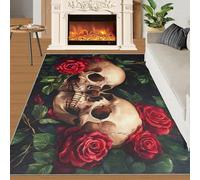 XEODIAT Tapis gothique pour chambre à coucher et salon, motif tête de mort romantique, tapis antidérapant facile à nettoyer - Motif floral vert et rose rouge - 180 x 240 cm