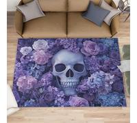 XEODIAT Tapis gothique tête de mort 80 x 150 cm, violet fleurs pour salon, chambre à coucher, tapis de chevet romantique pour salle à manger facile à nettoyer