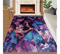 XEODIAT Tapis lavable de style gothique avec envers antidérapant pour chambre d'enfant, salon, salle à manger, étude, 60 x 110 cm, motif tête de mort et papillon, bleu, 60 x 110 cm