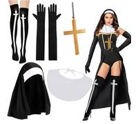 XEPST 5PCS Costume De Nonne Pour Femme - Tenue De Nonne Accessoires Nonne Chaude Collier De Nonne Gants Collier Chaussettes Hautes Costumes d'Halloween pour Femmes Cosplay Carnaval Déguisement
