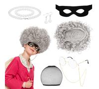 XEPST Costume de Mamie Gangster - Costume de Perruque de Vieille Dame Cambrioleur avec Perruque de Mamie Masque de Voleur Lunettes Collier de Perles pour Enfants Adultes Halloween Cosplay Carnaval