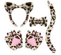 XEPST Ensemble de Costumes Léopard Animal,Oreilles et Queue de Léopard Serties d'un Bandeau Léopard et de Pattes de Nœud Papillon de Queue pour la Fête de Déguisement d'Halloween Cosplay Animal,Marron