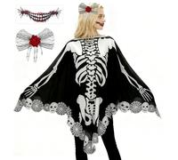 XEPST Poncho Squelette d'Halloween pour Femme - Déguisement du Jour des Morts avec Cape Squelette Noire, Pince à Cheveux, Tatouage de Bouche, Autocollants pour Adultes, Halloween, Cosplay, Carnaval