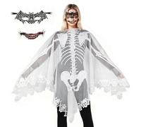 XEPST Poncho Squelette d'Halloween pour Femmes - Costumes du Jour des Morts avec Cape Squelette, Masque de Chauve-Souris, Tatouage Effrayant pour la Bouche pour Halloween Cosplay Carnaval pour Adultes