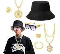 Xerteam Accessoires de déguisement hip-hop des années 80 et 90, fausses chaînes dorées, chapeau cloche réversible, anneaux avec signe dollars, collier, bracelet, lunettes de soleil, accessoires des