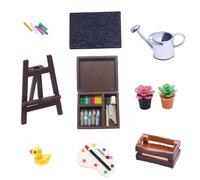 Xerteam Accessoires miniatures, 14 accessoires de lutin 1:12, mini kit d'apprentissage pour maison de poupée, craie, planche à dessin, chevalet, planche à peindre, boîte de peinture, plante en pot