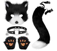 Xerteam Costume de renard en fausse fourrure, ensemble de costume de Renardcostume de cosplay queue de renard masque de renard cloches collier gants de Renard convient pour Halloween (Noir et blanc)