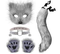 Xerteam Costume de renard en fausse fourrure, ensemble de costume de Renardcostume de cosplay queue de renard masque de renard cloches collier gants de Renard convient pour Halloween (Gris)