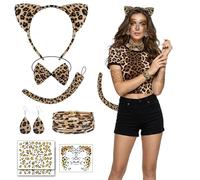 Xerteam Costume léopard 8 pièces, comprenant bandeau, nœud papillon, queue, bracelet, boucles d'oreilles et tatouages éphémères. Idéal pour Halloween, le carnaval et la Journée mondiale du livre.