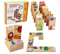 Xerteam Dominos en bois pour enfants, 28 pièces de dominos pour enfants avec motifs de ferme de dessins animés, ensemble de dominos avec motifs d'animaux mignons en bois sans danger, jeu de dominos