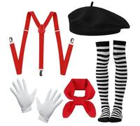 Xerteam Pantomime Costume de carnaval pour homme et femme - Costume de pantomime - Béret noir - Écharpe rouge - Bas rayés en noir et blanc - Bretelles blanches - Costume de carnaval