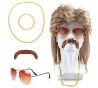 Xerteam Perruqu Mulet, Accessoire annee 80 Doré Perruque Homme Lunettes Collier Bracelet Barbe, Déguisement année 70 années 80 Disco Rock star, Fête thématique Carnaval Halloween Bal de maquillage