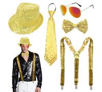 Xerteam Tenue de Paillettes pour Hommes, Costumes de Paillettes pour Hommes avec Chapeau de Glitz Cravate Papillon Y-Back Bretelles Argent, Lunettes, Costume de Disco Accessoires pour Carnaval Disco
