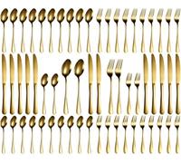 Xespis Couverts de Table 12 Personnes, Ménagère 60 Pièces en Acier Inoxydable, avec Couteau Fourchette Cuillère, Polis et Lavables au Lave-Vaisselle, pour Maison, Fête, Restaurant(Or)
