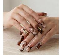 XETHI 24 Pièces Faux Ongles Longs Marron Écaille Carrés | Décoration 3D Fleurs et Cerises | Ongles à Coller pour Femme Soirée Rendez-vous Boho