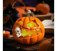 Xevinas Citrouille décorative d'Halloween avec figurines de tête de mort en résine - Lanterne K éclairée à piles - Pour décoration d'automne, décoration de table, extérieur, lanterne intérieure et