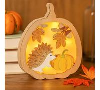 Xevinas Décoration d'automne, citrouille, hérisson, 3D, en bois, LED, citrouille, feuilles d'érable, lumières d'ambiance, photophore d'automne avec lumière LED chaude, cadeau pour Thanksgiving