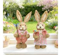 Xevinas Lot de 2 figurines de lapins de Pâques - 35 cm - Paille - Décoration de Pâques debout - Tressé à la main - Mignon - Décoration de printemps moderne - Pour table, rebord de fenêtre, coffret