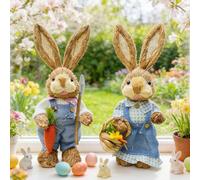 Xevinas Lot de 2 figurines de lapins de Pâques - 35 cm - Paille - Décoration de Pâques debout - Tressé à la main - Mignon - Décoration de printemps moderne - Pour table, rebord de fenêtre, coffret