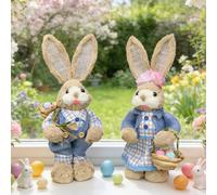 Xevinas Lot de 2 figurines de lapins de Pâques - 35 cm - Paille - Décoration de Pâques debout - Tressé à la main - Mignon - Décoration de printemps moderne - Pour table, rebord de fenêtre, coffret