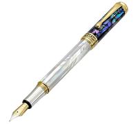 Xezo Maestro stylo plume, plume moyenne. Nacre blanche iridescente d'origine océanique et coquille de Pāua. Plaqué or 18 carats et platine pur. Aucun n'est identique