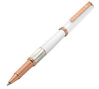 Xezo Speed Master Fine Rollerball Pen. Blanc mat avec nacre blanche. Plaqué or rose. Corps en laiton léger. Sérialisé. Chaque stylo est unique.