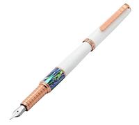 Xezo Speed Master Stylo plume, plume moyenne. Couleur blanc mat avec coquille de Pāua abalone. Plaqué or rose. Corps en laiton léger. Chaque pièce unique