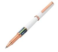 Xezo Speed Master Stylo roller, pointe fine. Blanc mat avec coquille de Pāua abalone. Plaqué or rose. Corps en laiton léger. Chaque pièce unique