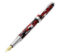 Xezo Stylo-plume Urbanite II, plume moyenne. Acrylique à carreaux rouge, noir et blanc sportif sur laiton. Plaqué chrome. Fabriqué à la main, édition limitée, numérotée