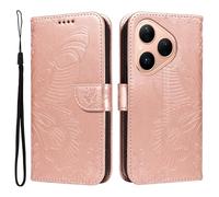XFDSFDL® Cas de pour Huawei Pura 80 HED-LX9 (6,6 Pouces) PU Cuir Housse Flip Coque Fée Papillon Motif avec Support Longe Fermeture Portefeuille Gaufrage Étui de Protection Or Rose