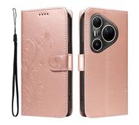 XFDSFDL® Cas de pour Huawei Pura 80 Ultra LMR-AL10/ LMU-LX9 (6,8 Pouces) PU Cuir Housse Flip Coque Amandier Motif avec Support Longe Fermeture Portefeuille Gaufrage Étui de Protection Or Rose