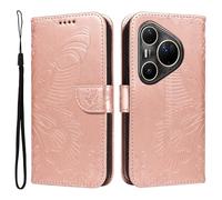 XFDSFDL® Cas de pour Huawei Pura 80 Ultra LMR-AL10/ LMU-LX9 (6,8 Pouces) PU Cuir Housse Flip Coque Fée Papillon Motif avec Support Longe Fermeture Portefeuille Gaufrage Étui de Protection Or Rose