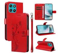 XFDSFDL® Cas de pour Motorola Moto G100 2025 XT2533 (6,72 Pouces) PU Cuir Housse Flip Coque Amandier Motif avec Support Longe Fermeture Portefeuille Gaufrage Étui de Protection Rouge