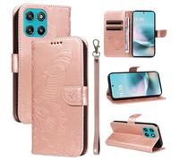 XFDSFDL® Cas de pour Motorola Moto G100 2025 XT2533 (6,72 Pouces) PU Cuir Housse Flip Coque Fée Papillon Motif avec Support Longe Fermeture Portefeuille Gaufrage Étui de Protection Or Rose