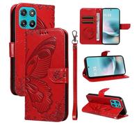 XFDSFDL® Cas de pour Motorola Moto G100 2025 XT2533 (6,72 Pouces) PU Cuir Housse Flip Coque Fée Papillon Motif avec Support Longe Fermeture Portefeuille Gaufrage Étui de Protection Rouge