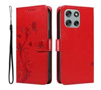 XFDSFDL® Cas de pour Motorola Moto G56 XT2529-2 (6,72 Pouces) PU Cuir Housse Flip Coque Amandier Motif avec Support Longe Fermeture Portefeuille Gaufrage Étui de Protection Rouge