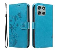 XFDSFDL® Cas de pour Motorola Moto G56 XT2529-2 (6,72 Pouces) PU Cuir Housse Flip Coque Amandier Motif avec Support Longe Fermeture Portefeuille Gaufrage Étui de Protection Bleu