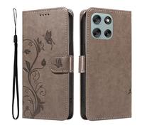 XFDSFDL® Cas de pour Motorola Moto G56 XT2529-2 (6,72 Pouces) PU Cuir Housse Flip Coque Amandier Motif avec Support Longe Fermeture Portefeuille Gaufrage Étui de Protection Gris