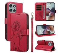 XFDSFDL® Cas de pour Motorola Moto G56 XT2529-2 (6,72 Pouces) PU Cuir Housse Flip Coque Pissenlit Motif avec Support Longe Fermeture Portefeuille Gaufrage Étui de Protection Rouge