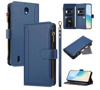 XFDSFDL® Cas de pour Nokia C01 Plus / C1 2nd Edition (5,45 Pouces) PU Cuir Housse Lanière Flip Coque avec Supports et Magnétique Fermeture 9 Fente Eclair Portefeuille Protection Cas Bleu Foncé
