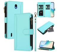 XFDSFDL® Cas de pour Nokia C01 Plus / C1 2nd Edition (5,45 Pouces) PU Cuir Housse Lanière Flip Coque avec Supports et Magnétique Fermeture 9 Fente Eclair Portefeuille Protection Cas Vert Menthe